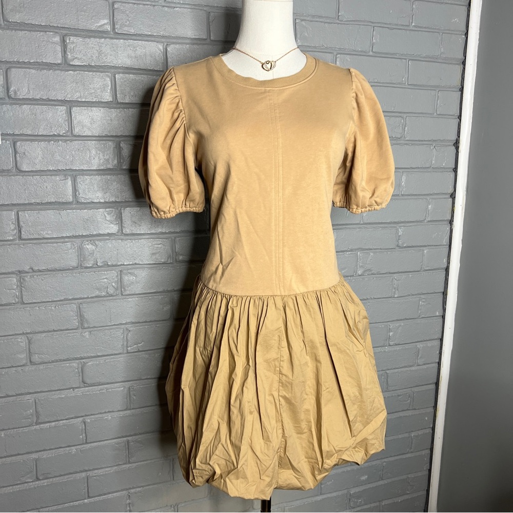 English Factory Woven Mixed Beige Mini Dress w/ Puff Sleeves Size Small